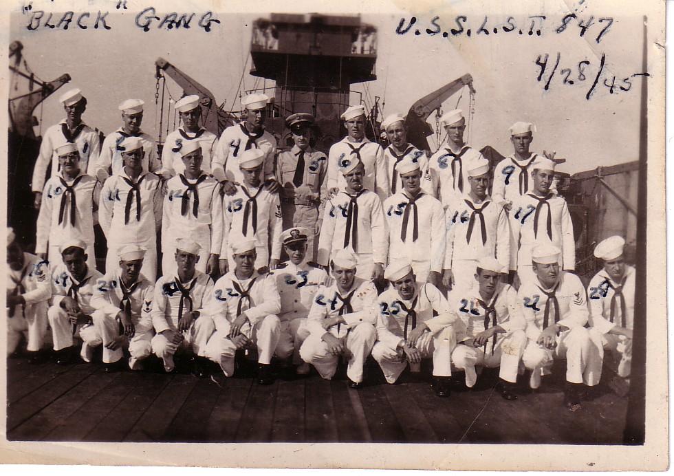 Engineers ("Black Gang") of the LST-847 after the Captain's Inspection, 28 April 1945, Pearl Harbor, Hawaii.